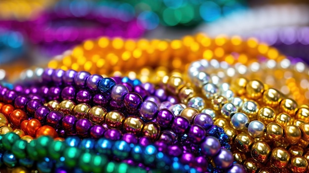 Un primer plano de las icónicas cuentas de Mardi Gras en un arco iris de colores y tamaños