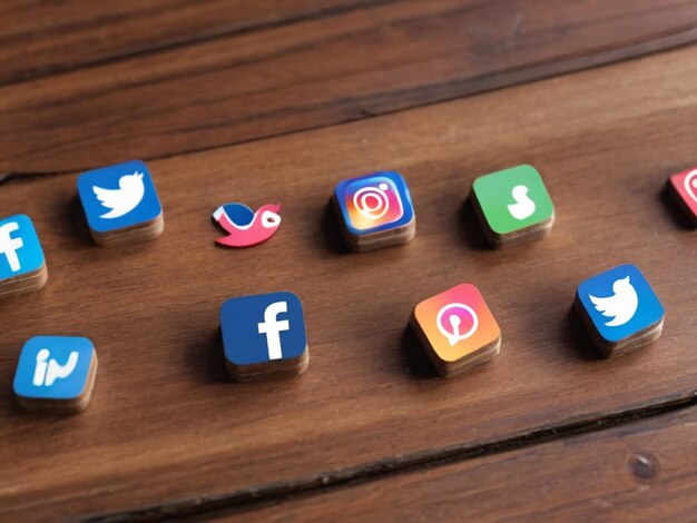 Un primer plano de los iconos de las redes sociales en una mesa de madera