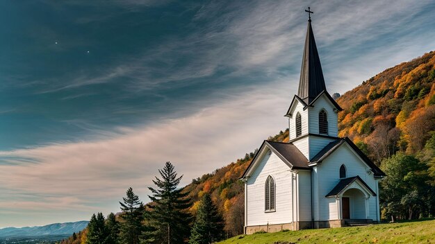 Un primer plano de una iglesia con un campanario en una colina