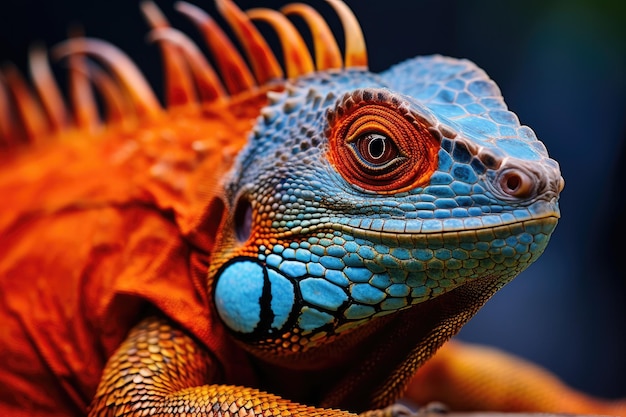 Primer plano de una iguana azul también conocida como dragón de agua Primer plano de una iguana azul naranja generada por IA