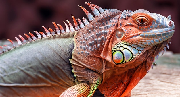 Primer plano de iguana roja en madera