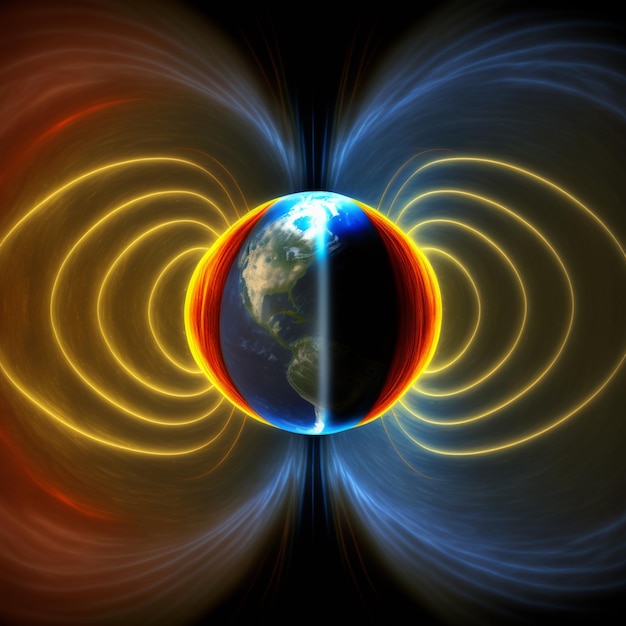 Un primer plano de una imagen de un planeta con un campo magnético a su alrededor ai generativo