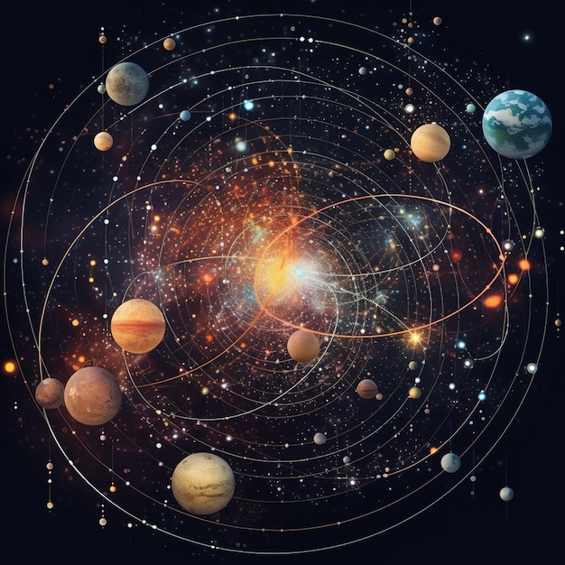 un primer plano de una imagen de un sistema solar con planetas generativos ai