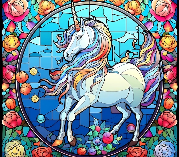 un primer plano de una imagen de vidrio de colores de un unicornio