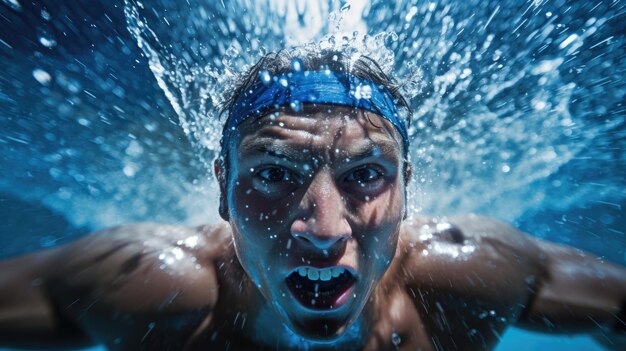 Foto primer plano de la impecable vuelta del nadador con un fondo azul intenso de la piscina