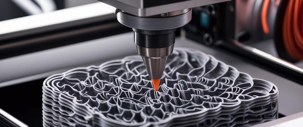 Primer plano de una impresora 3D de alta tecnología que crea diseños intrincados con precisión