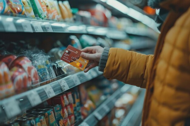 Primer plano de un individuo desconocido pagando con una tarjeta de crédito en una tienda de verduras Ai generative