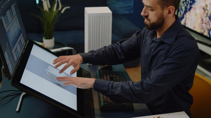 Foto primer plano de ingeniero usando computadora para construir modelos y diseño de construcción en la oficina. hombre trabajando como arquitecto con maqueta, pantalla táctil y plan de desarrollo.
