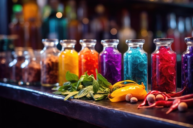 Un primer plano de los ingredientes de cócteles coloridos en un mostrador de un bar