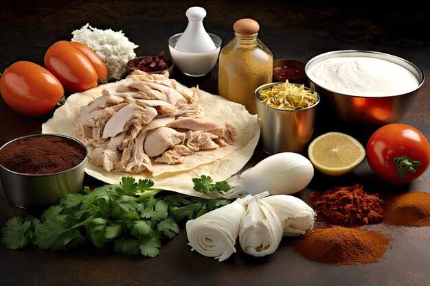 Primer plano de ingredientes de shawarma que incluyen verduras de pollo y salsas creadas con ai generativo