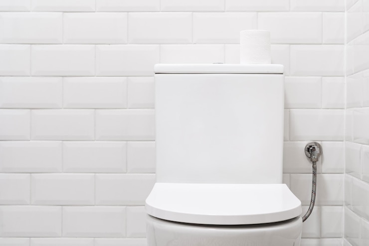 Foto primer plano de un inodoro de cerámica en un baño con pared de baldosas
