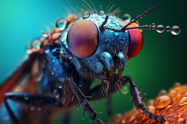 Un primer plano de un insecto azul con ojos rojos