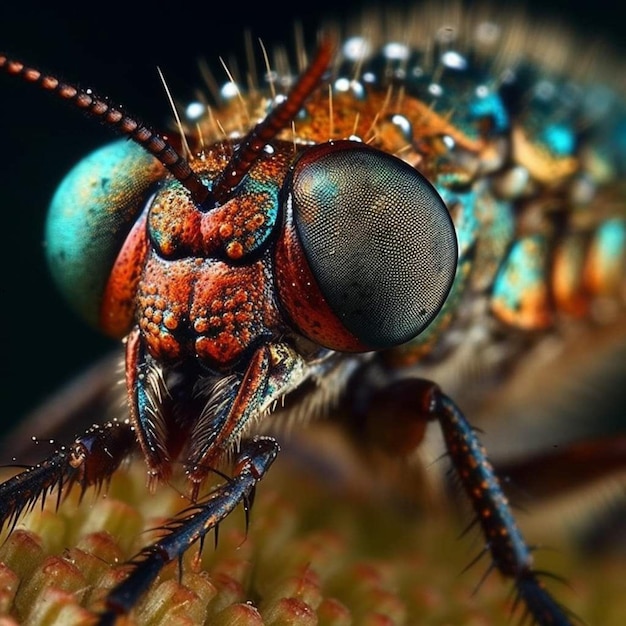 Un primer plano de un insecto azul y rojo con un fondo negro.