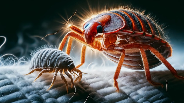 Foto primer plano de un insecto de cama chupador de sangre y un ácaro del polvo uno al lado del otro en una superficie de tela