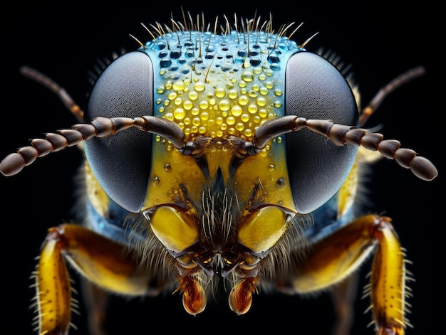 un primer plano de un insecto con una cara azul y amarilla ai generativa