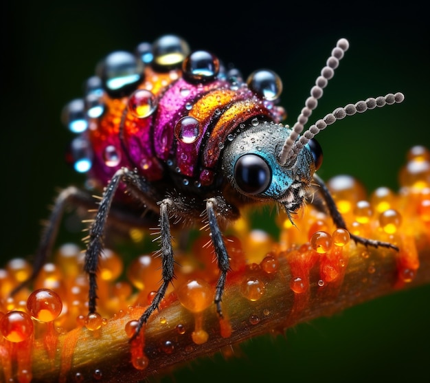 un primer plano de un insecto colorido en una hoja con gotas de agua ai generativo