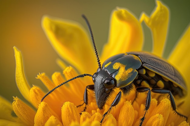 Primer plano de un insecto en una flor amarilla que muestra la belleza de la naturaleza Generado por IA