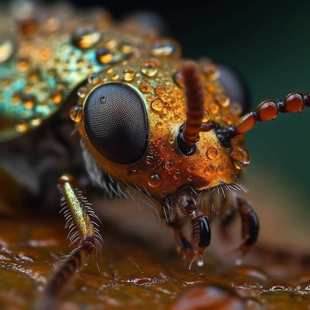 Un primer plano de un insecto con gotas de lluvia en los ojos