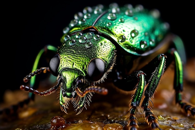 Un primer plano de un insecto verde en una hoja AI