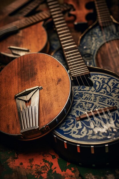 Un primer plano de los instrumentos musicales tradicionales irlandeses