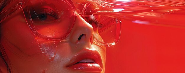 Un primer plano intenso de la cara de una mujer con gafas inteligentes de alta tecnología en rojo