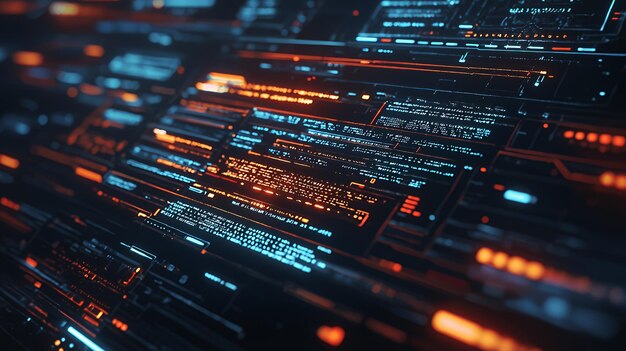 Primer plano de una interfaz digital futurista con líneas naranjas y azules brillantes y texto