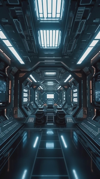 Un primer plano del interior de una nave espacial futurista con muchas luces generativas ai
