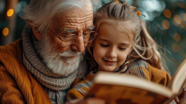 Un primer plano íntimo de un abuelo compartiendo una historia con los nietos capturando expresiones de asombro y sabiduría