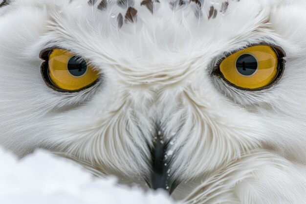 Un primer plano íntimo de una cara de búho nevado ojos que atraviesan el alma