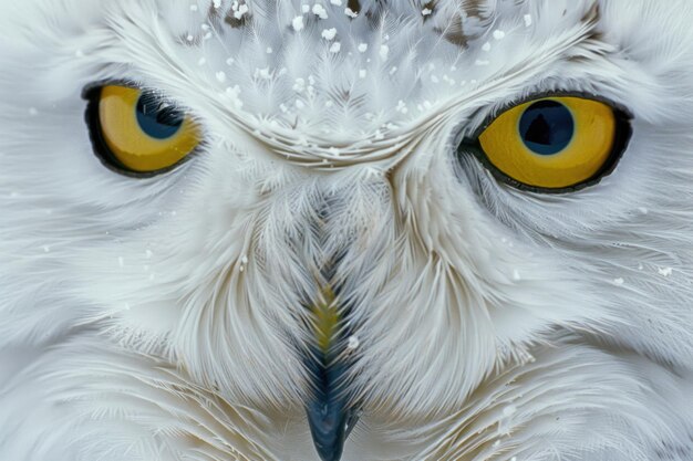 Un primer plano íntimo de una cara de búho nevado ojos que atraviesan el alma