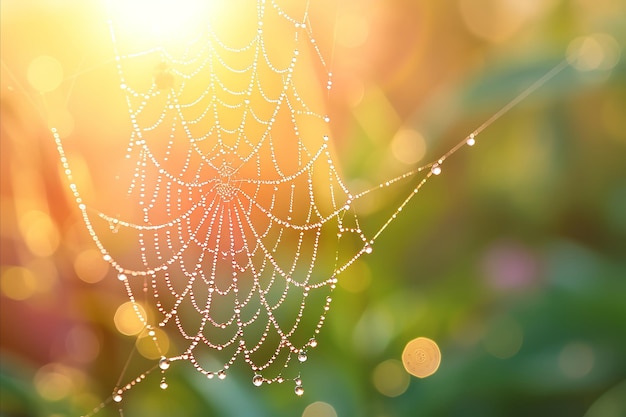 Foto un primer plano de la intrincada red de araña que brilla con vibrantes gotas de rocío iluminadas por la brillante luz del sol