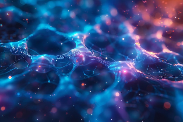 Un primer plano de una intrincada red de hilos azules y púrpuras