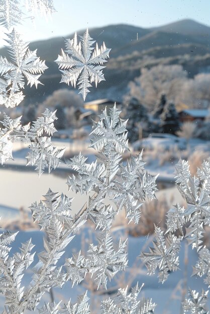 Un primer plano de los intrincados patrones de hielo en una ventana