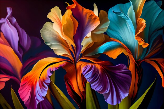 Primer plano de iris de flores de colores futuristas IA generativa IA generativa