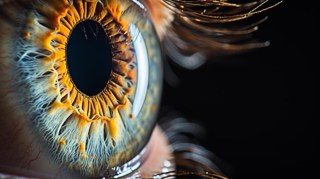 Un primer plano del iris del ojo sobre un fondo negro en una fotografía macro