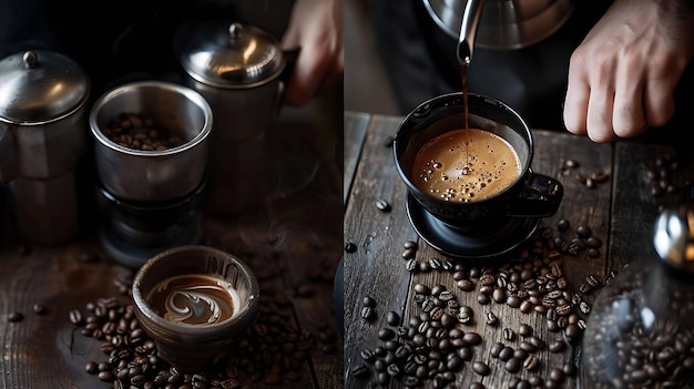 Foto un primer plano izquierdo de una taza de café de cerámica con un filtro de café de acero inoxidable en la parte superior lleno de café