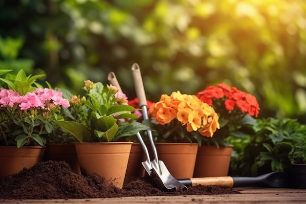 Un primer plano de un jardín con ollas y herramientas de jardinería