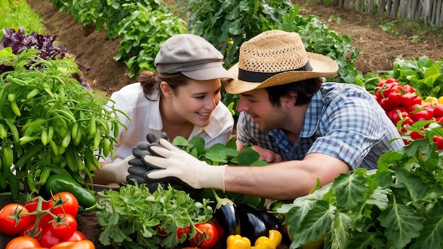 Primer plano de un jardinero y una jardinera examinando las plantas en el huerto