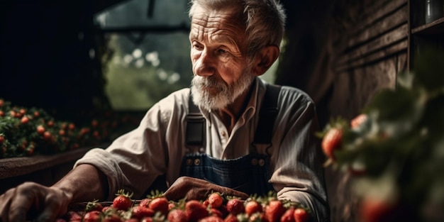 Primer plano de un jardinero senior en uniforme recogiendo fresas maduras frescas en un hombre de edad invernadero cosechando bayas de temporada al aire libre