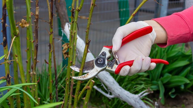 Primer plano de jardineros en guantes protectores con una podadora de jardín haciendo poda de primavera de un enfoque selectivo de rosal