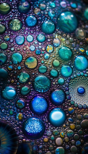 Un primer plano de un jarrón azul y verde con burbujas generativas ai