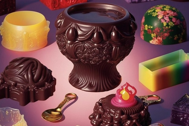 Un primer plano de un jarrón cubierto de chocolate con vela generativa ai