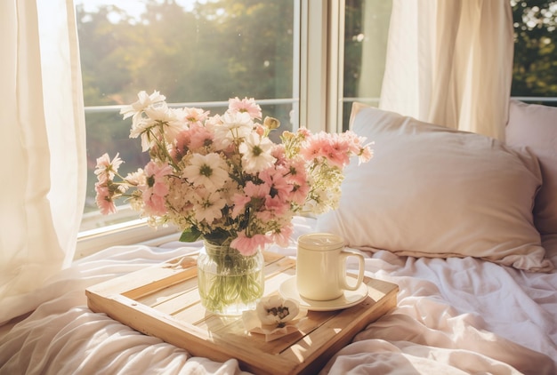 Un primer plano de un jarrón de flores descansando en una cama en una mañana soleada