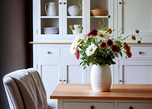 Primer plano de un jarrón con flores en la mesa de la cocina Generado por IA