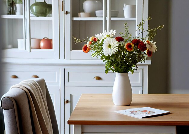 Primer plano de un jarrón con flores en la mesa de la cocina Generado por IA