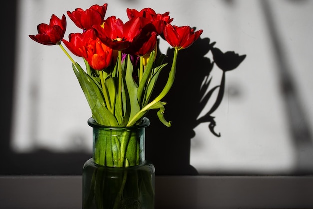Primer plano de un jarrón de flores rojas en la mesa