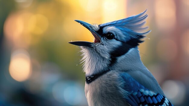 Foto un primer plano de un jay azul con su cresta levantada tocando una sinfonía de notas que resuena a través del