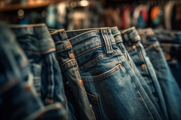 Primer plano de jeans colgando en la tienda para la venta