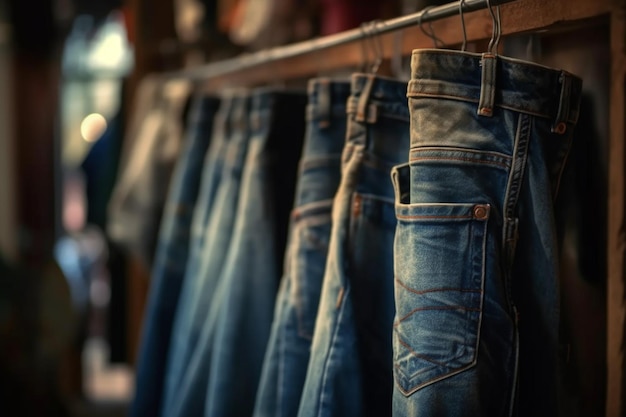 Primer plano de jeans colgando en la tienda para la venta