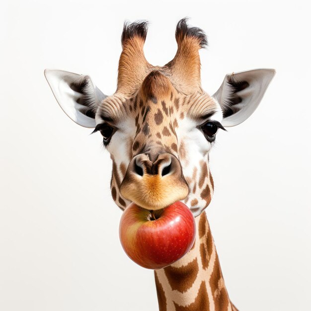 Foto un primer plano de una jirafa usando su larga lengua para agarrar frutas de un alimentador